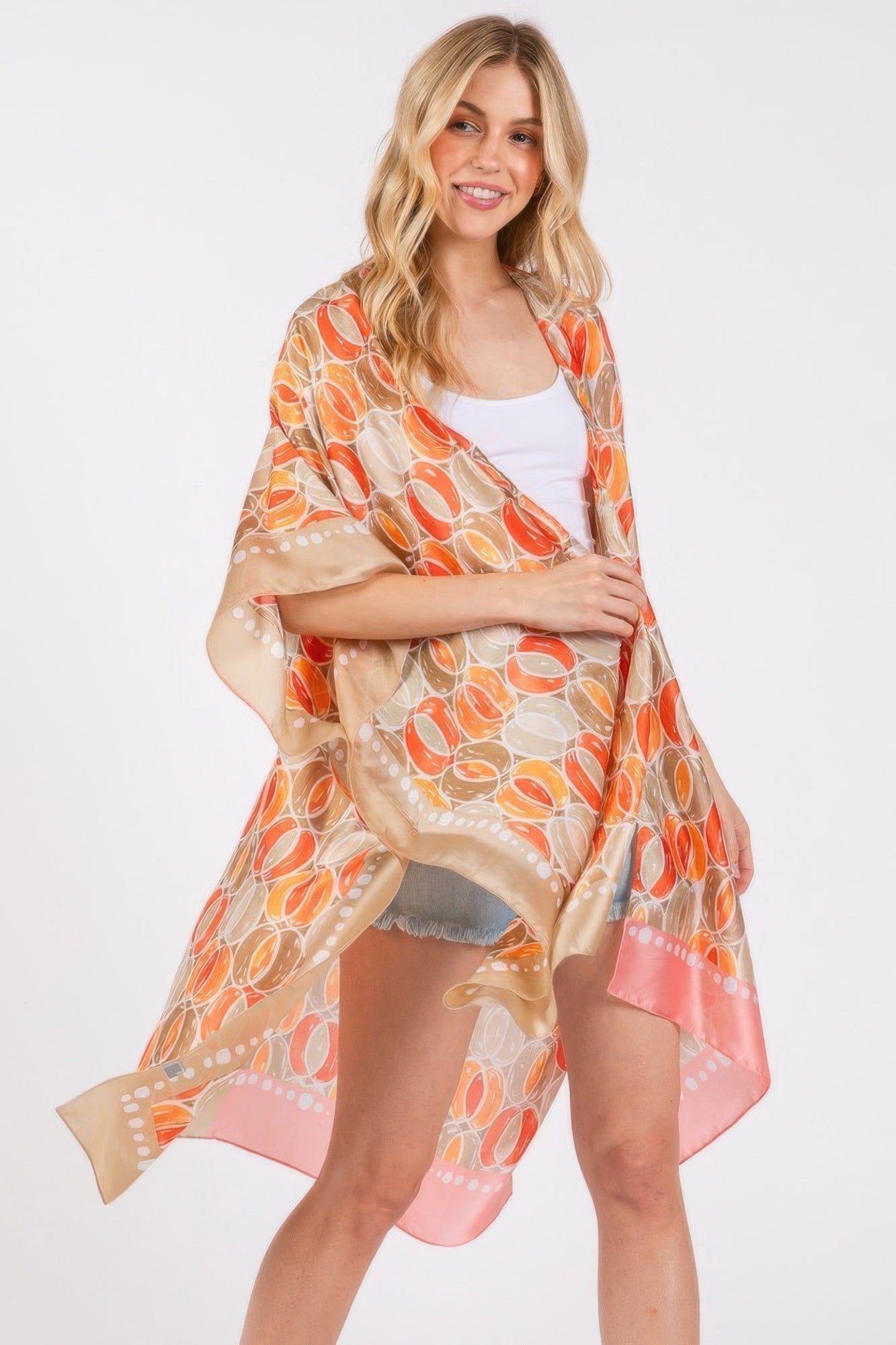 Two Tones Trim Abstract Print Silky Feel Kimono - Wear Arielle
