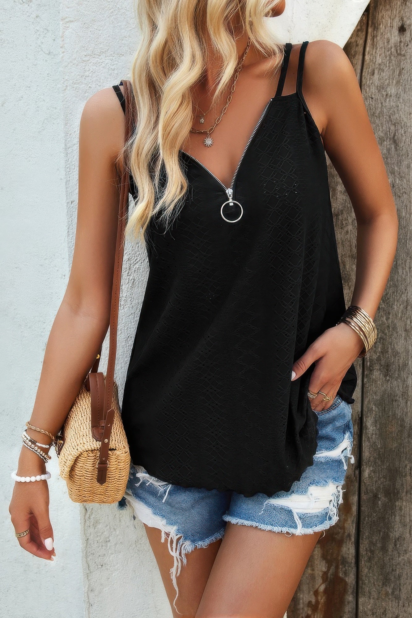 V Neck Eyelet Trim Spaghetti Strap Sleeveless Top - Wear Arielle