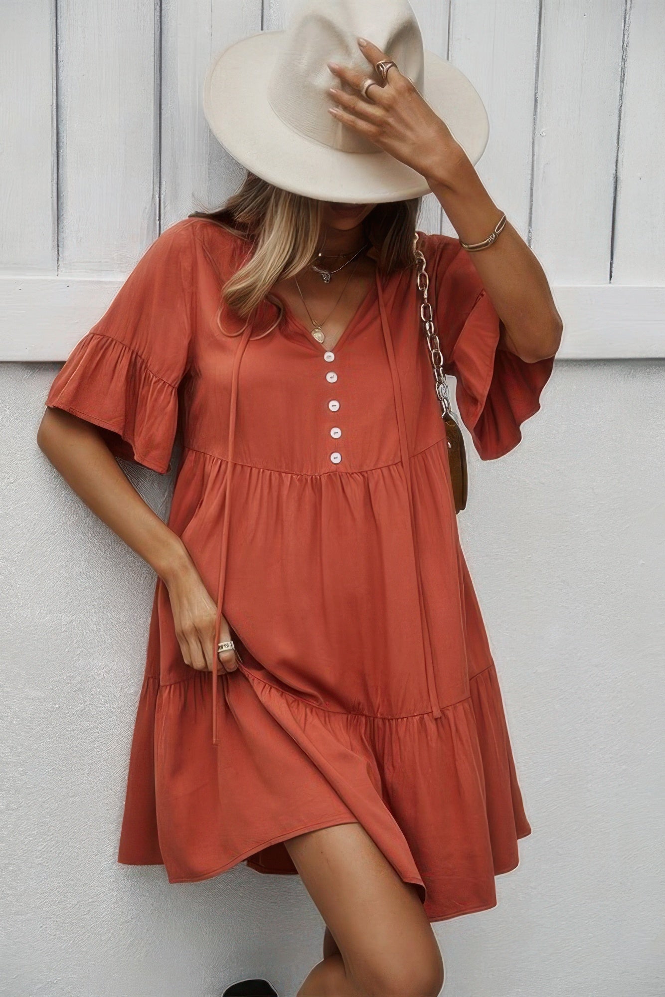 V Neck Flounce Sleeve Ruffle Hem Tie Neck Dress - Wear Arielle