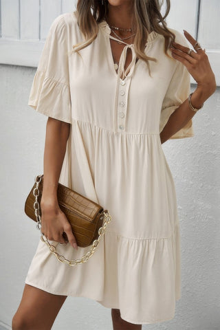 V Neck Flounce Sleeve Ruffle Hem Tie Neck Dress - Wear Arielle