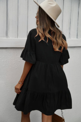 V Neck Flounce Sleeve Ruffle Hem Tie Neck Dress - Wear Arielle