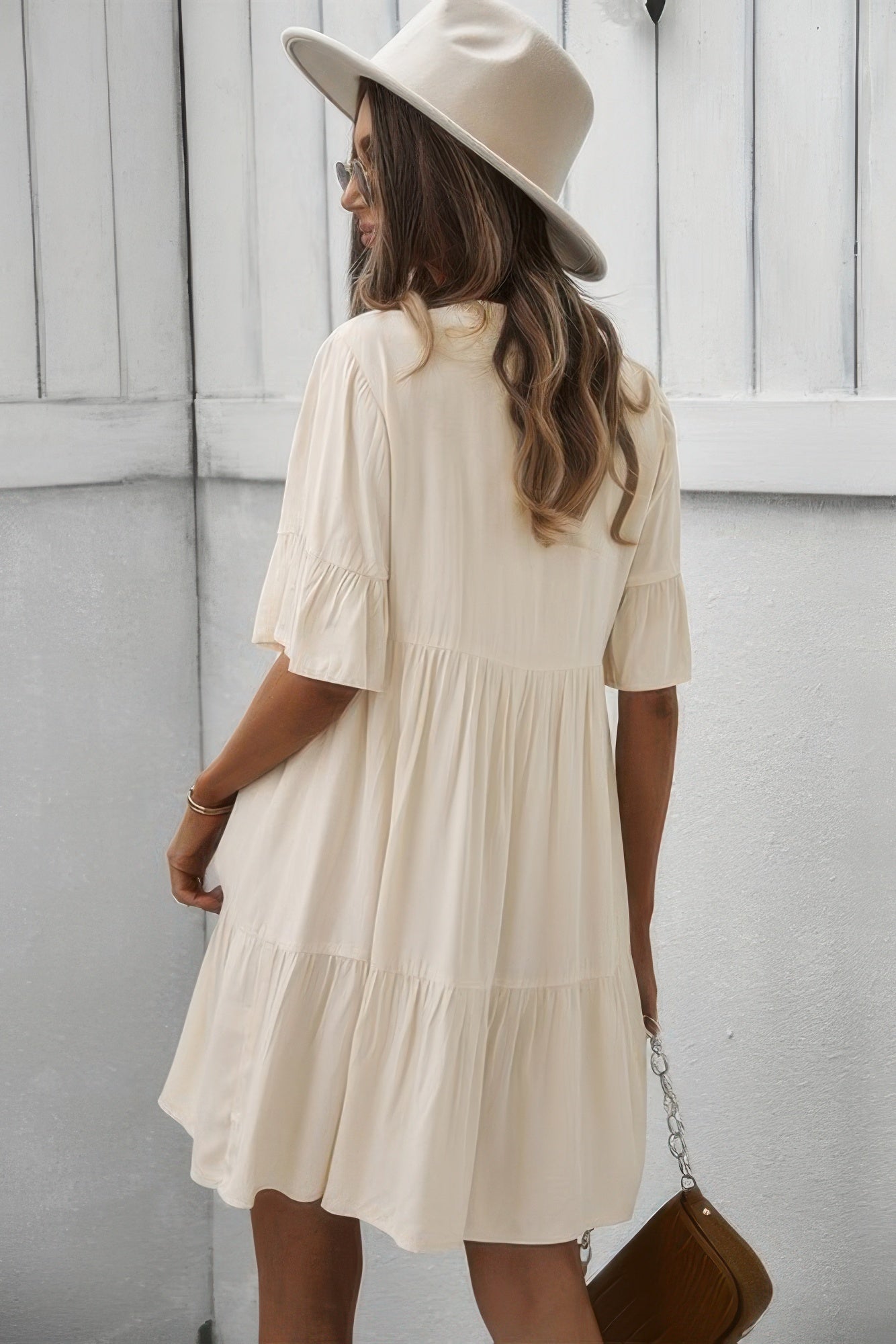 V Neck Flounce Sleeve Ruffle Hem Tie Neck Dress - Wear Arielle
