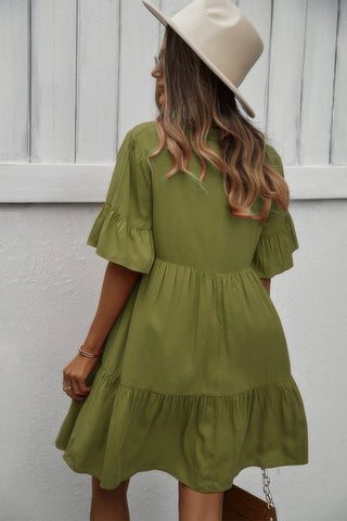 V Neck Flounce Sleeve Ruffle Hem Tie Neck Dress - Wear Arielle