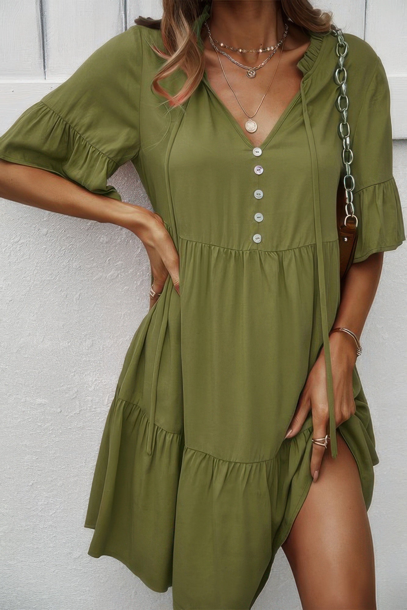 V Neck Flounce Sleeve Ruffle Hem Tie Neck Dress - Wear Arielle