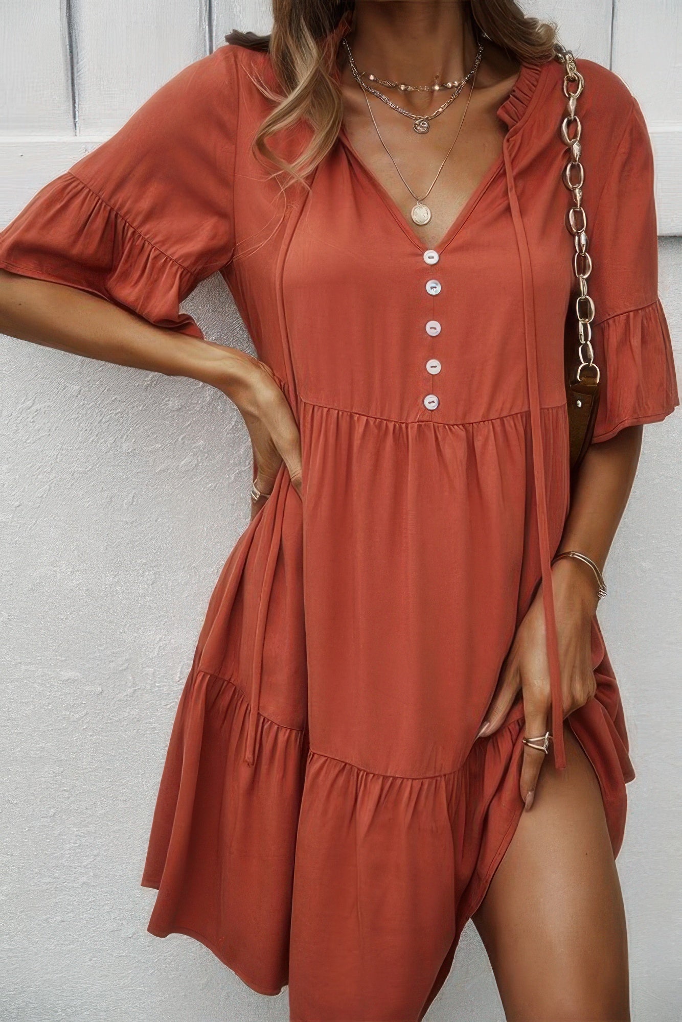 V Neck Flounce Sleeve Ruffle Hem Tie Neck Dress - Wear Arielle