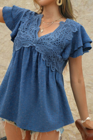 V Neck Lace Cutwork Flock Dot Ruffle Shirt - Wear Arielle