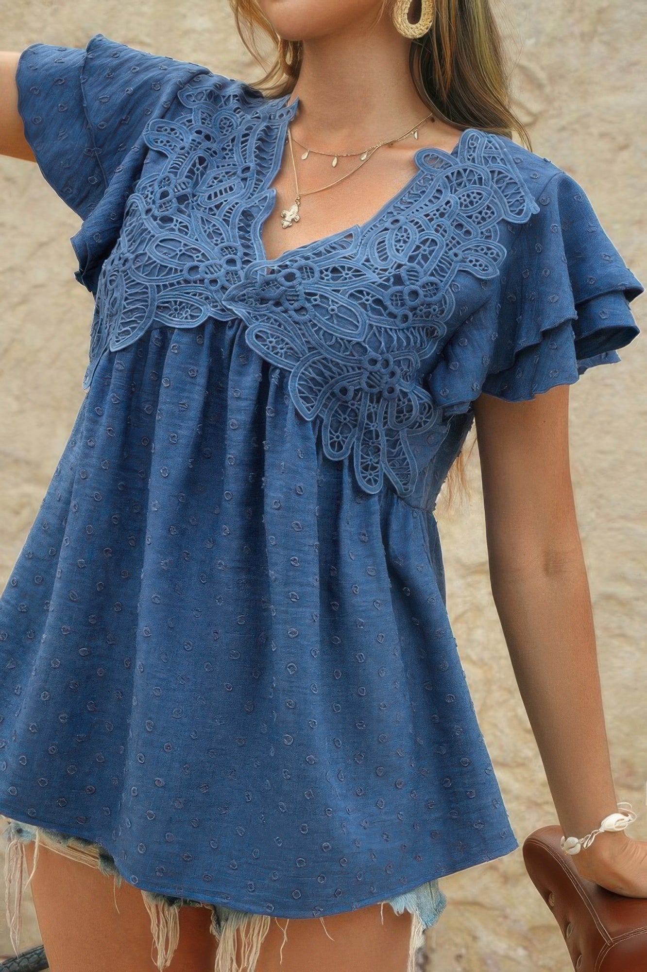 V Neck Lace Cutwork Flock Dot Ruffle Shirt - Wear Arielle