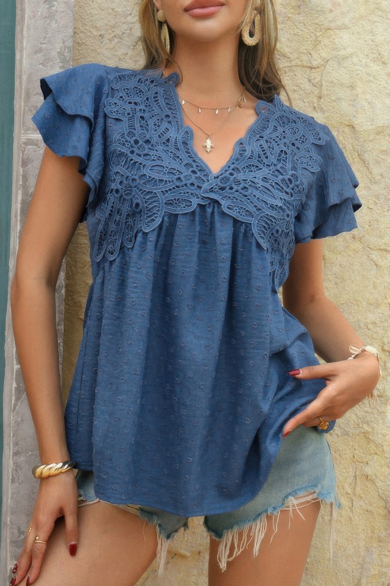 V Neck Lace Cutwork Flock Dot Ruffle Shirt - Wear Arielle