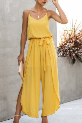 V Neck Suspenders Wide Leg Side Slit Jumpsuit - Wear Arielle