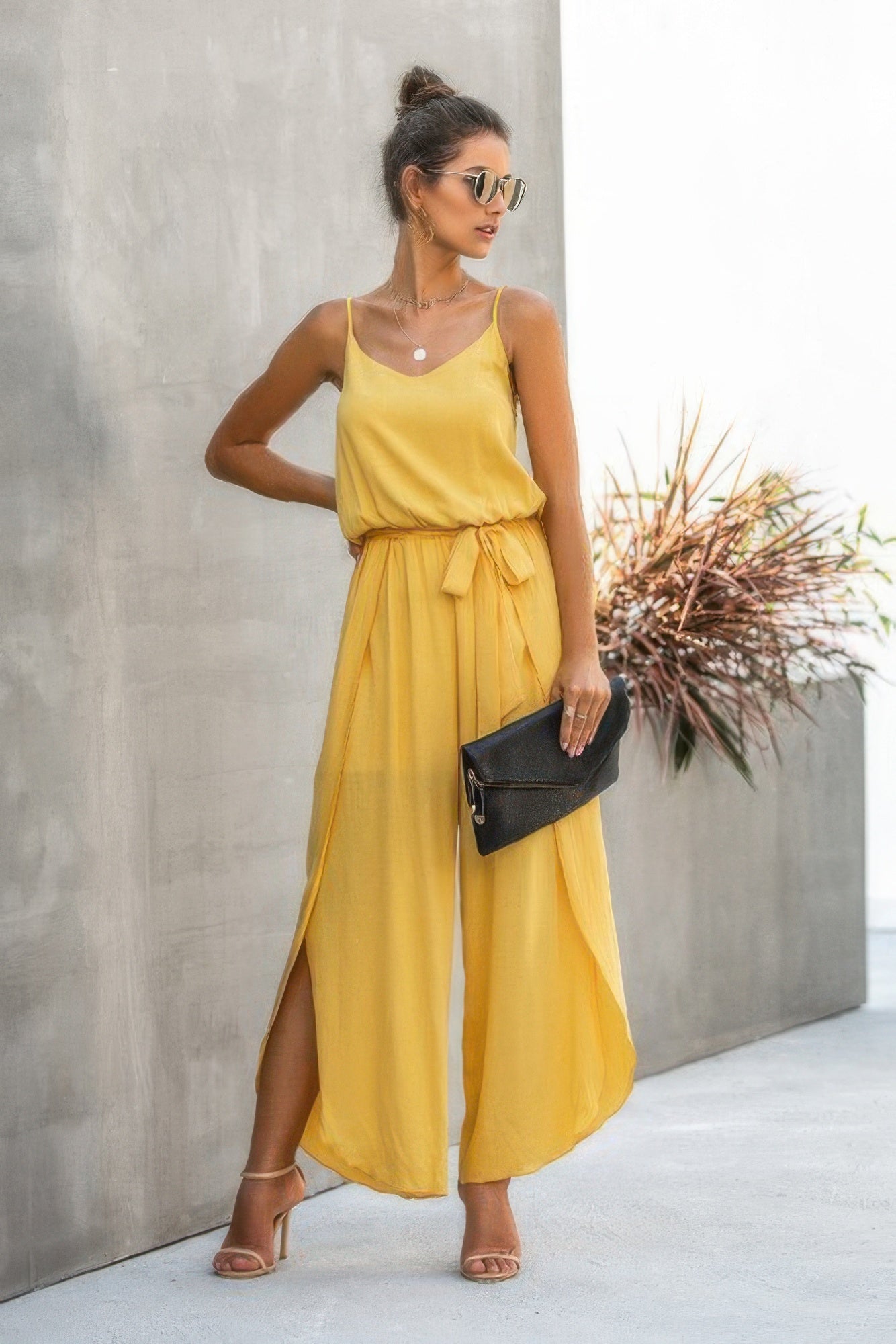 V Neck Suspenders Wide Leg Side Slit Jumpsuit - Wear Arielle