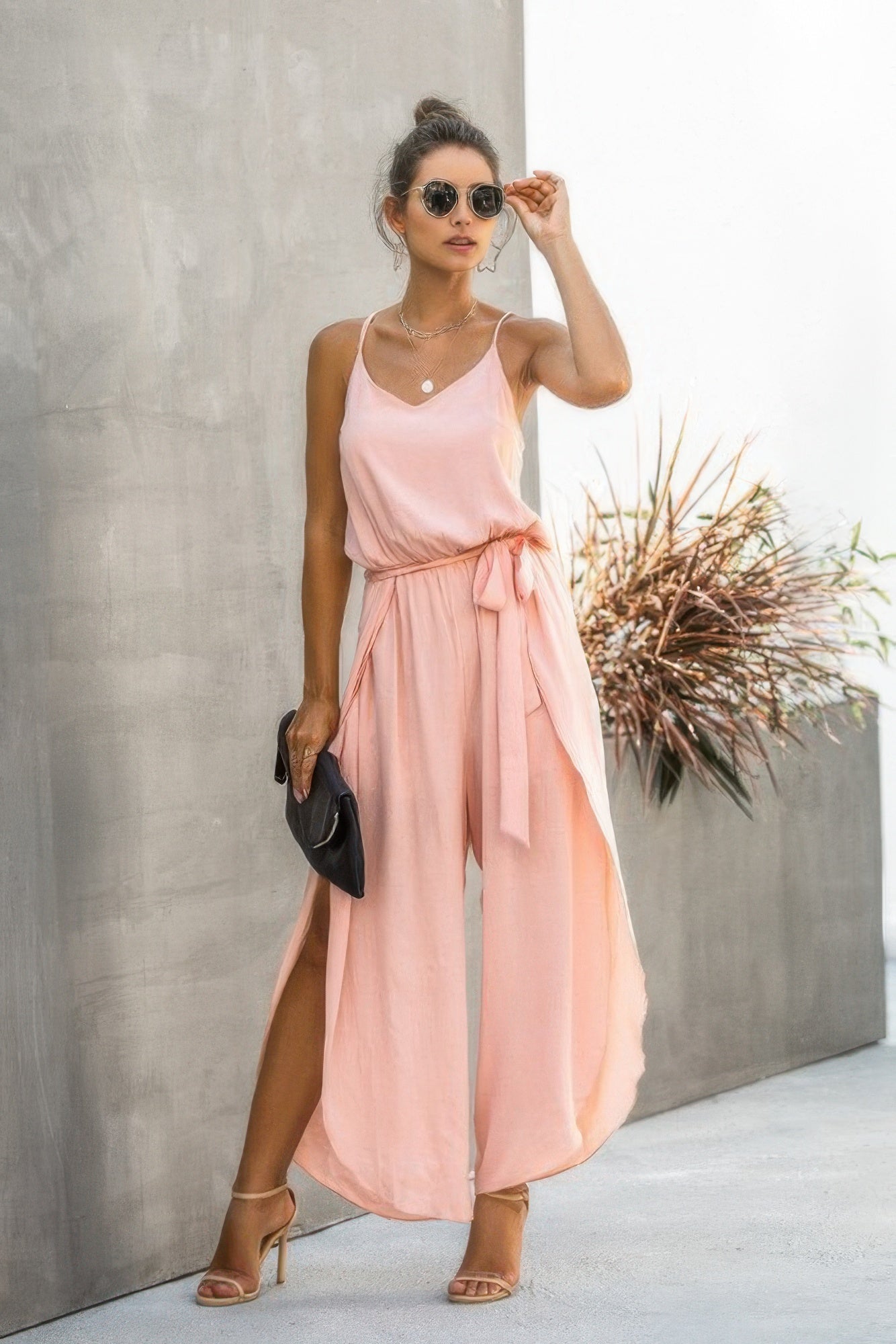 V Neck Suspenders Wide Leg Side Slit Jumpsuit - Wear Arielle