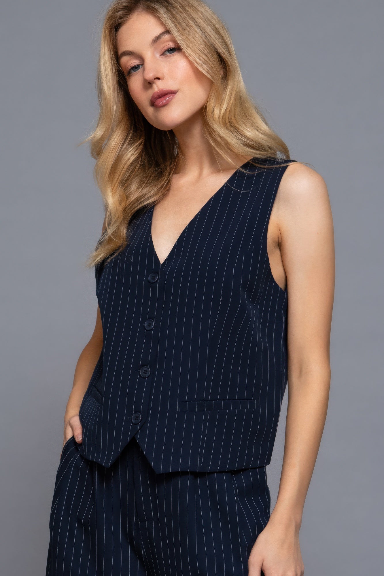 V - neckline Pin Stripe Woven Vest - Wear Arielle