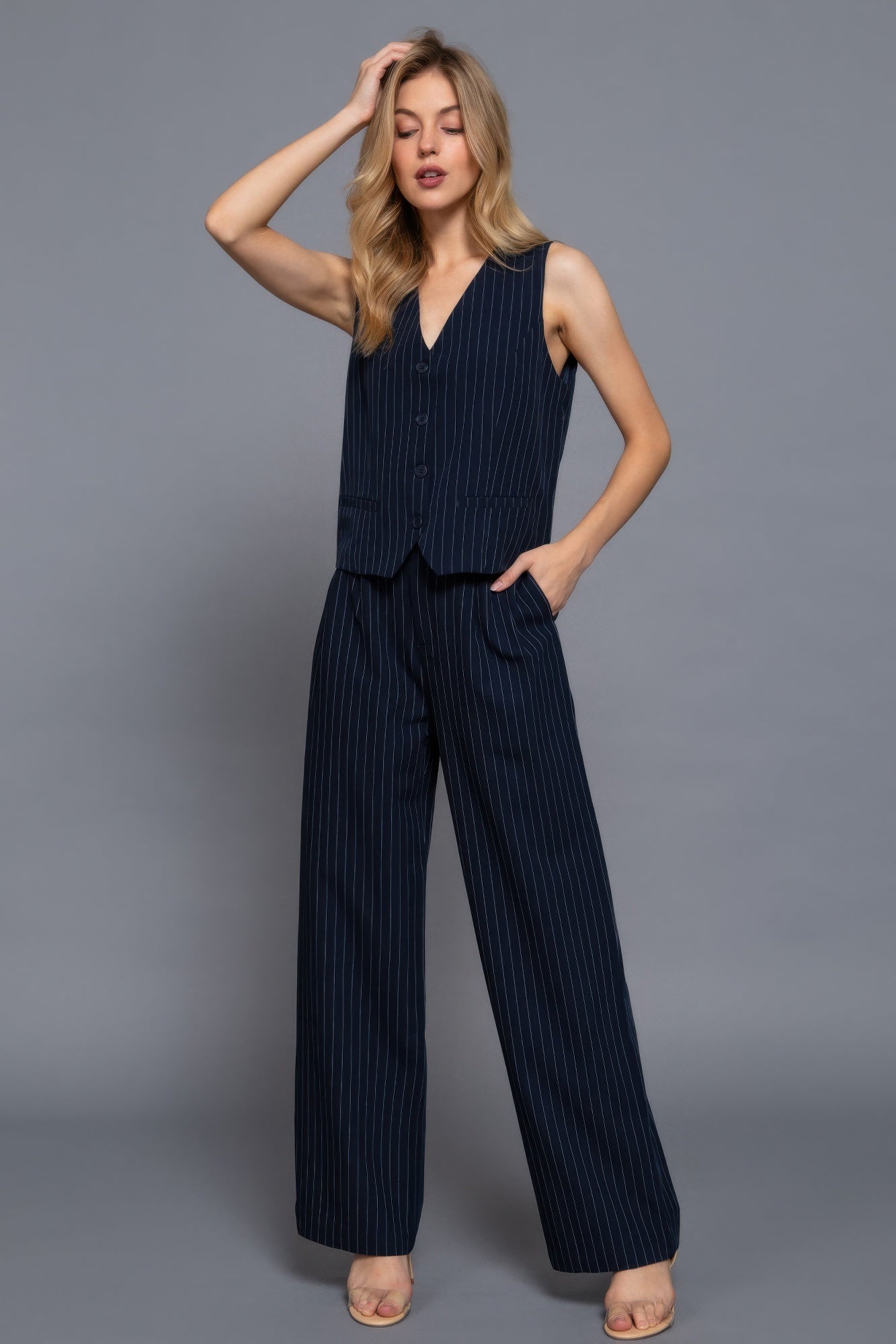 V - neckline Pin Stripe Woven Vest - Wear Arielle