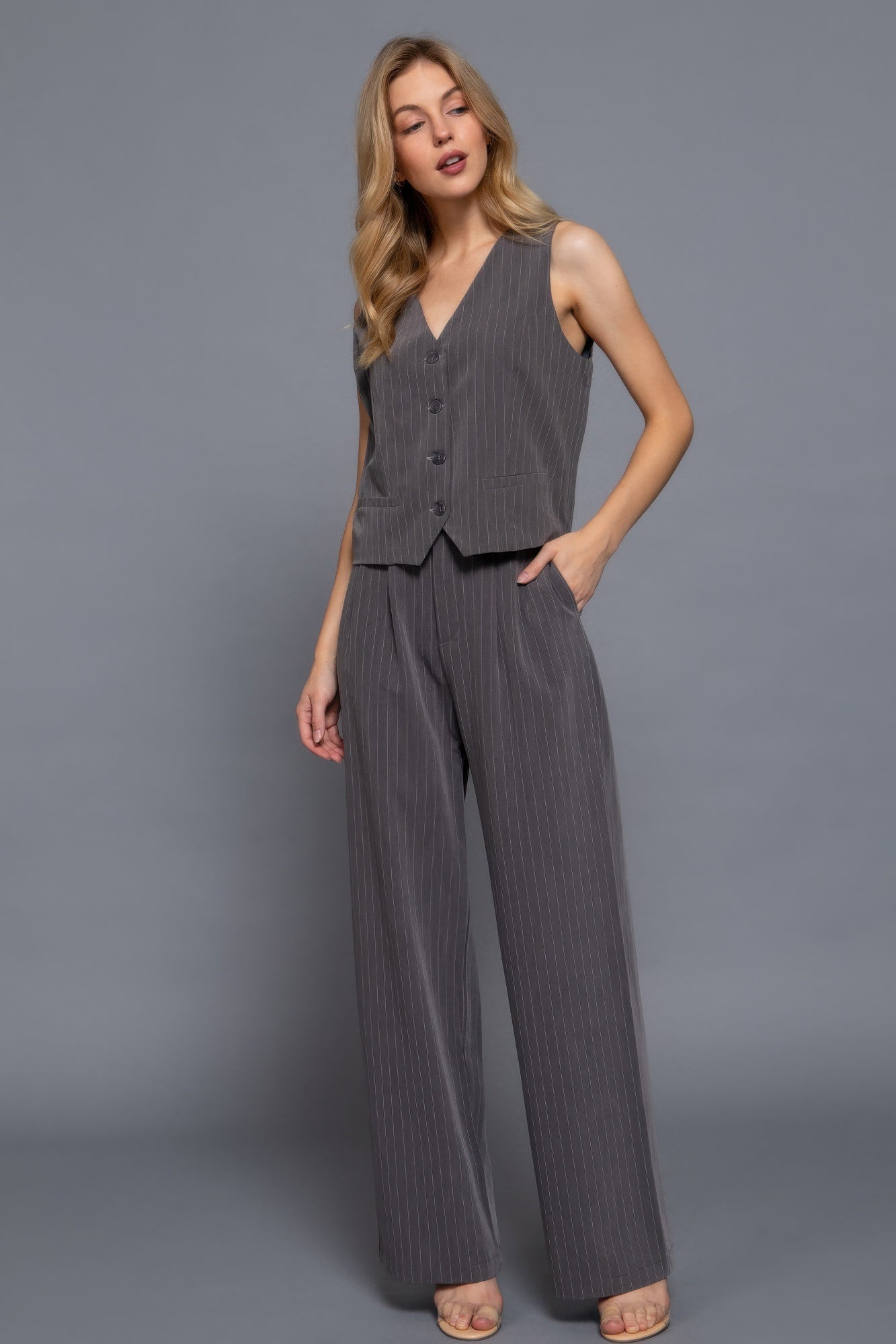 V - neckline Pin Stripe Woven Vest - Wear Arielle