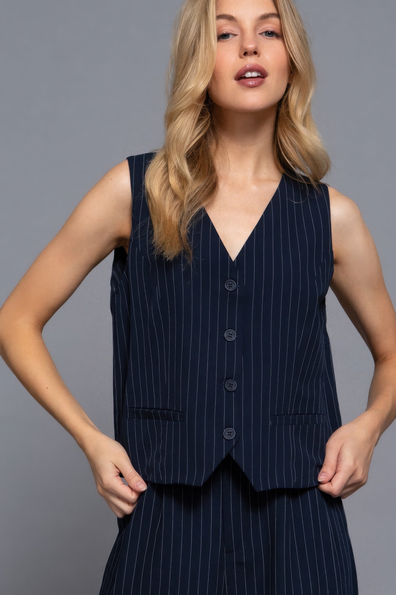 V - neckline Pin Stripe Woven Vest - Wear Arielle