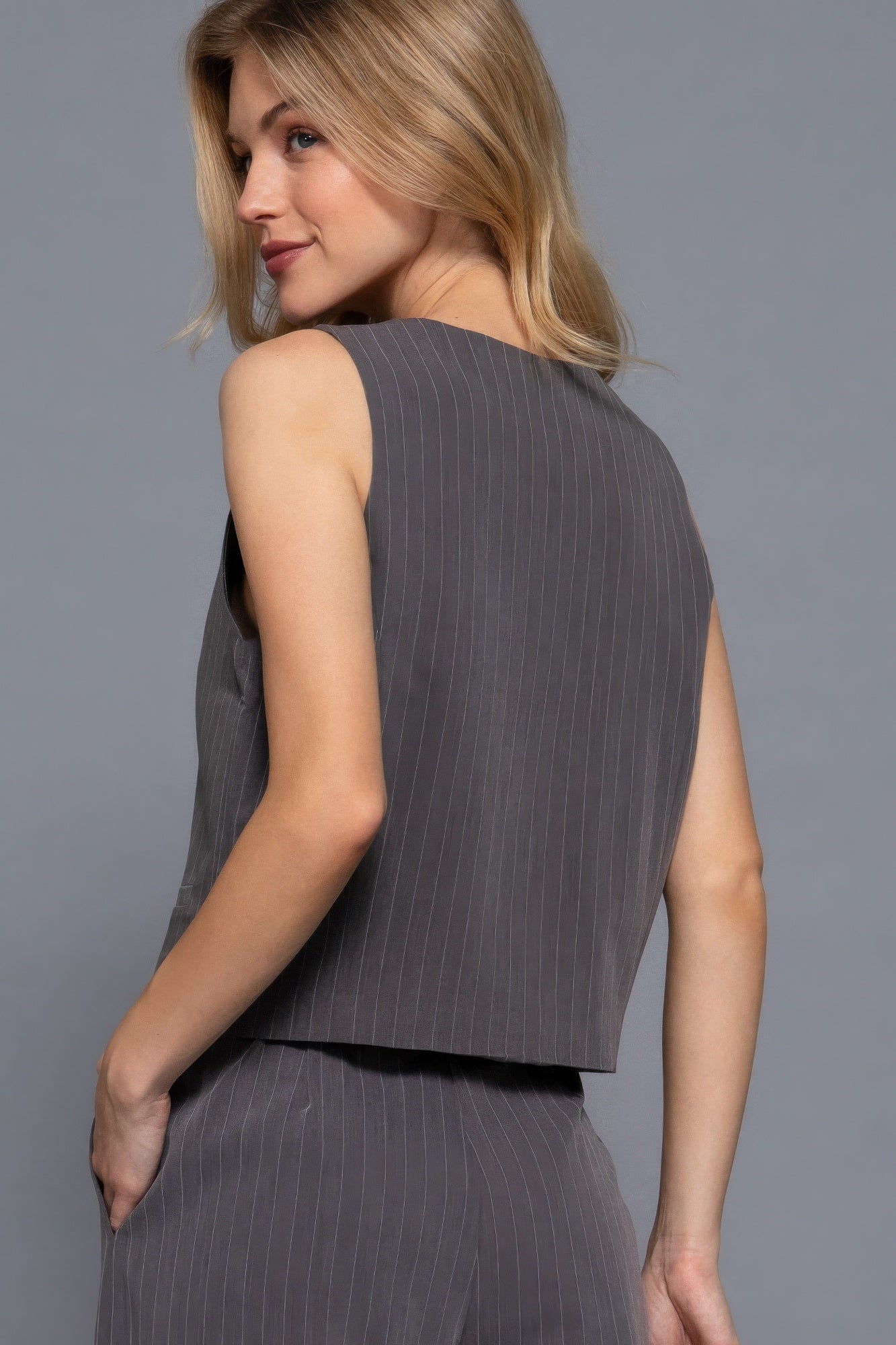 V - neckline Pin Stripe Woven Vest - Wear Arielle