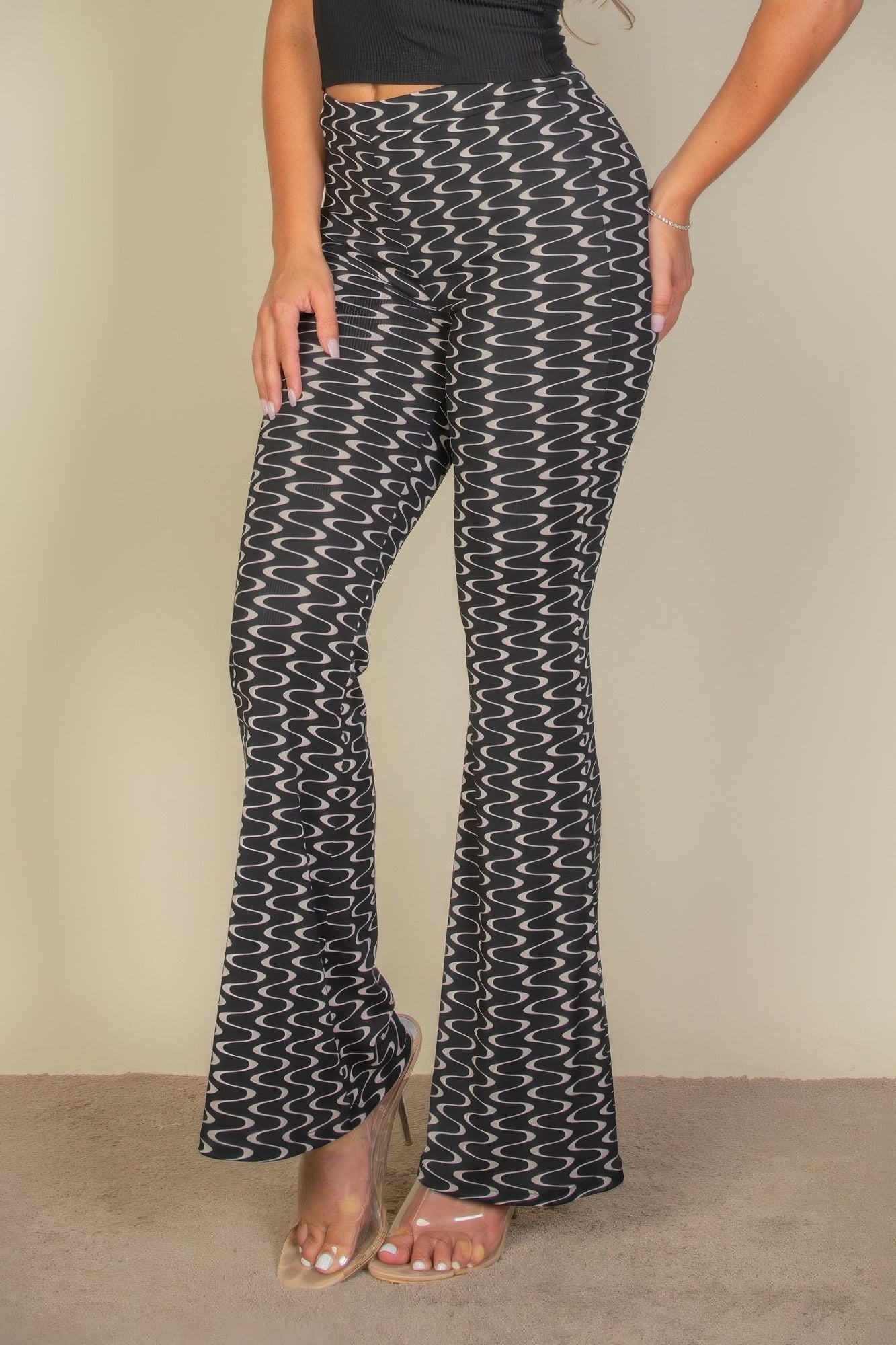 Wavy Print High Waist Flare Pants - Wear Arielle