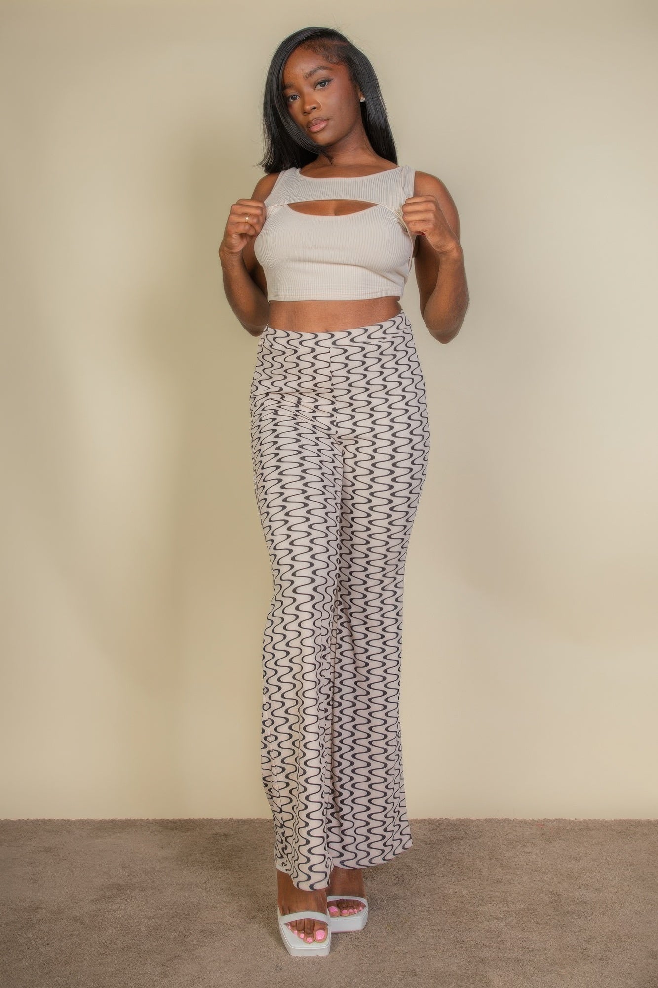 Wavy Print High Waist Flare Pants - Wear Arielle