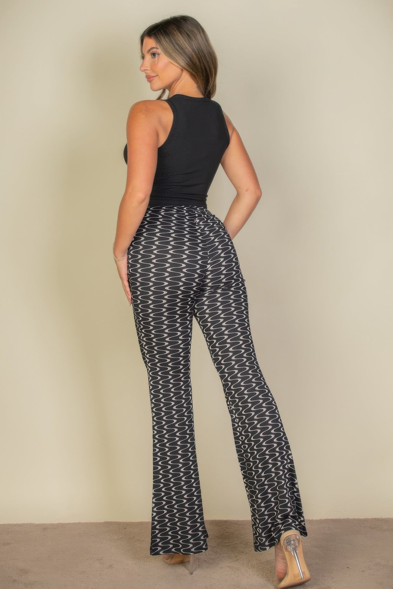 Wavy Print High Waist Flare Pants - Wear Arielle