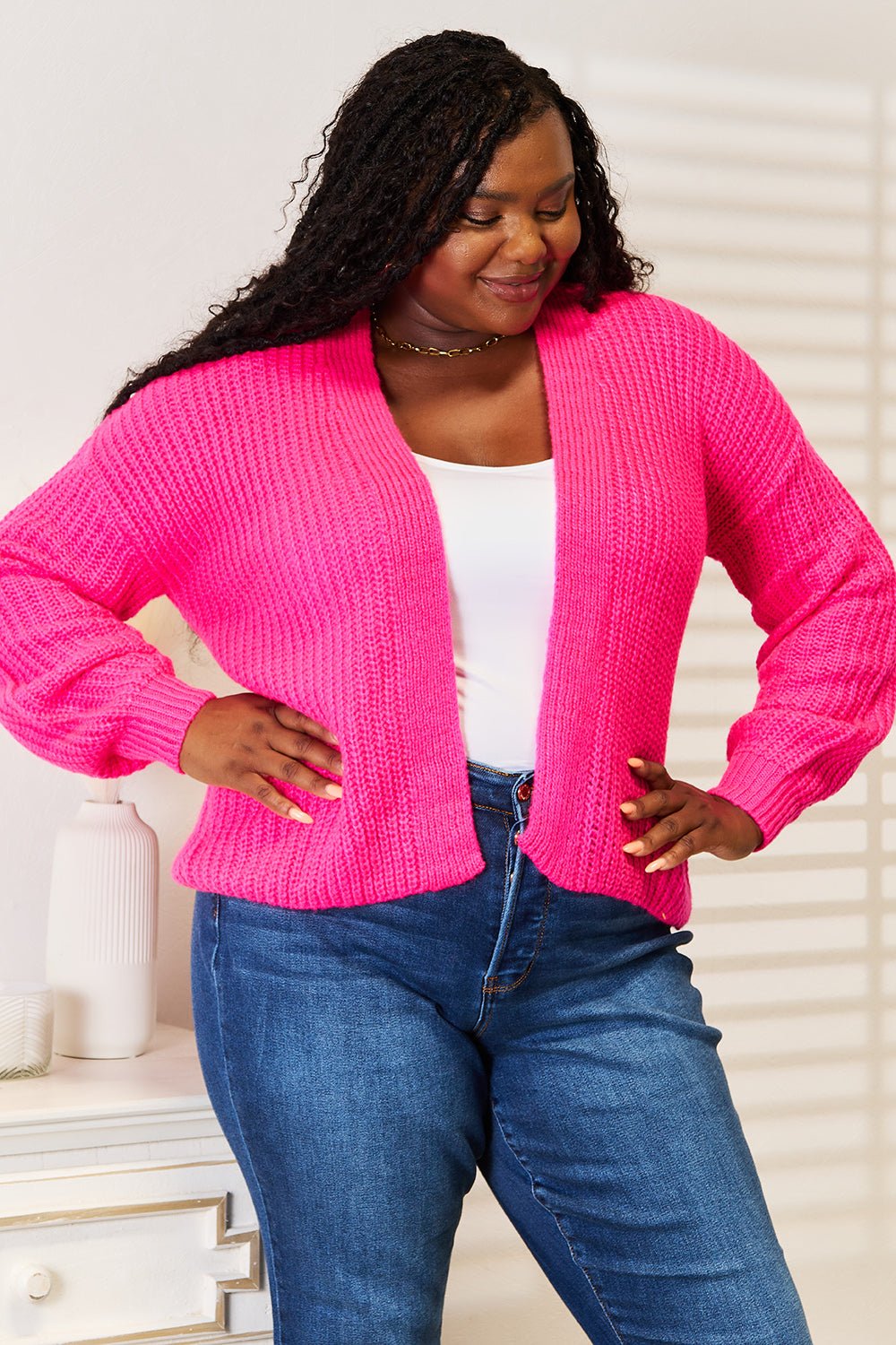 Woven Right Rib - Knit Open Front Drop Shoulder Cardigan - Wear Arielle