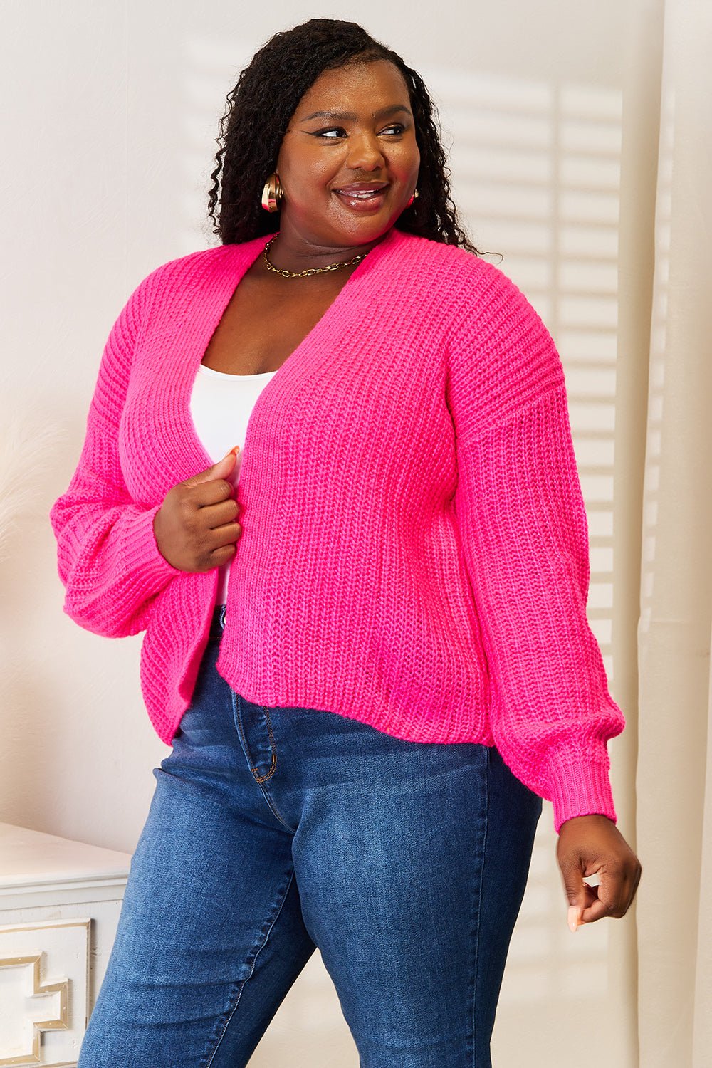 Woven Right Rib - Knit Open Front Drop Shoulder Cardigan - Wear Arielle