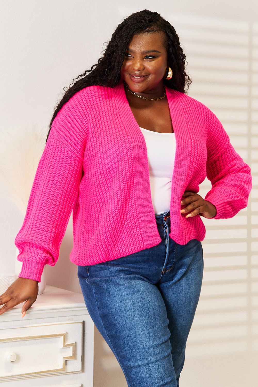 Woven Right Rib - Knit Open Front Drop Shoulder Cardigan - Wear Arielle