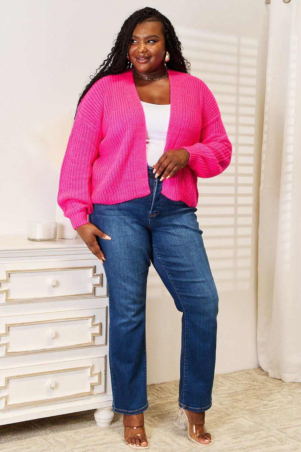 Woven Right Rib - Knit Open Front Drop Shoulder Cardigan - Wear Arielle