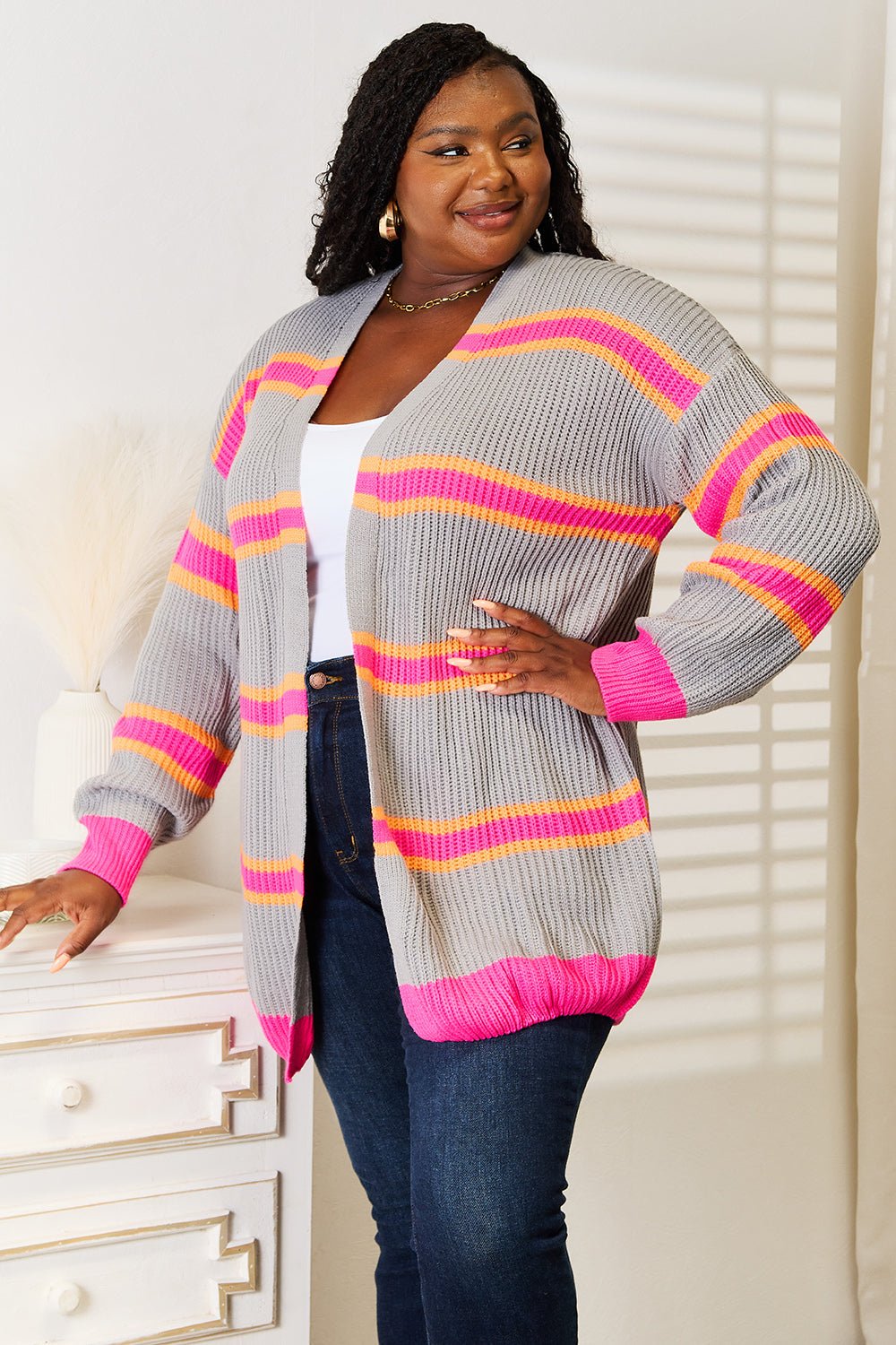 Woven Right Ribbed Long Sleeve Cardigan - Wear Arielle