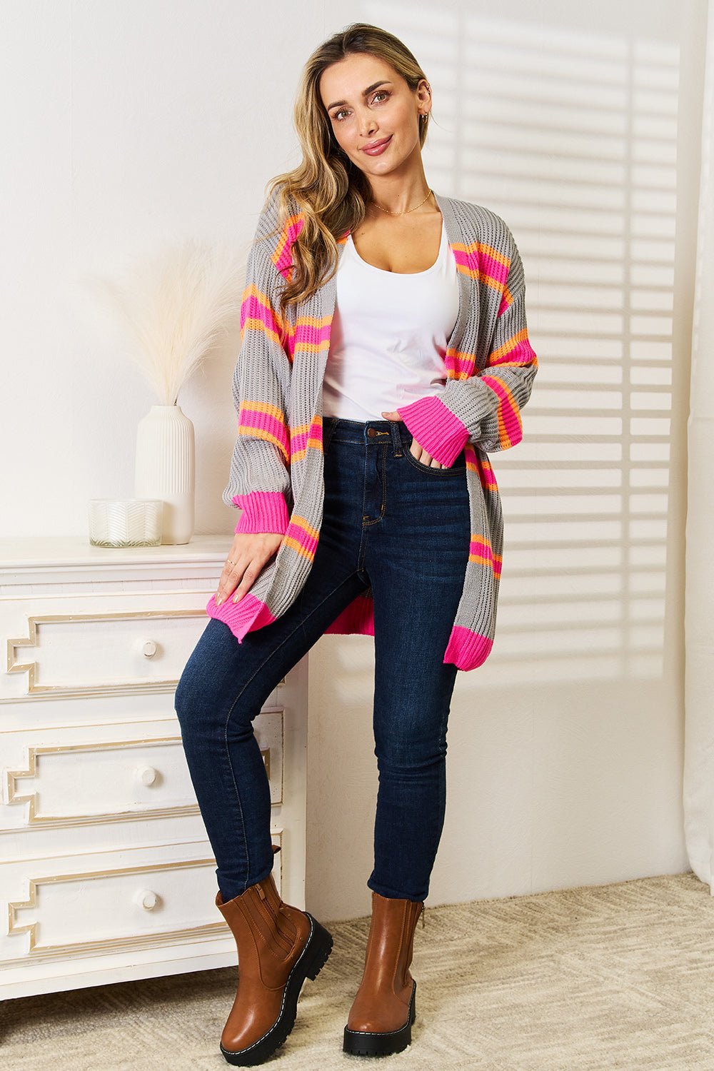 Woven Right Ribbed Long Sleeve Cardigan - Wear Arielle