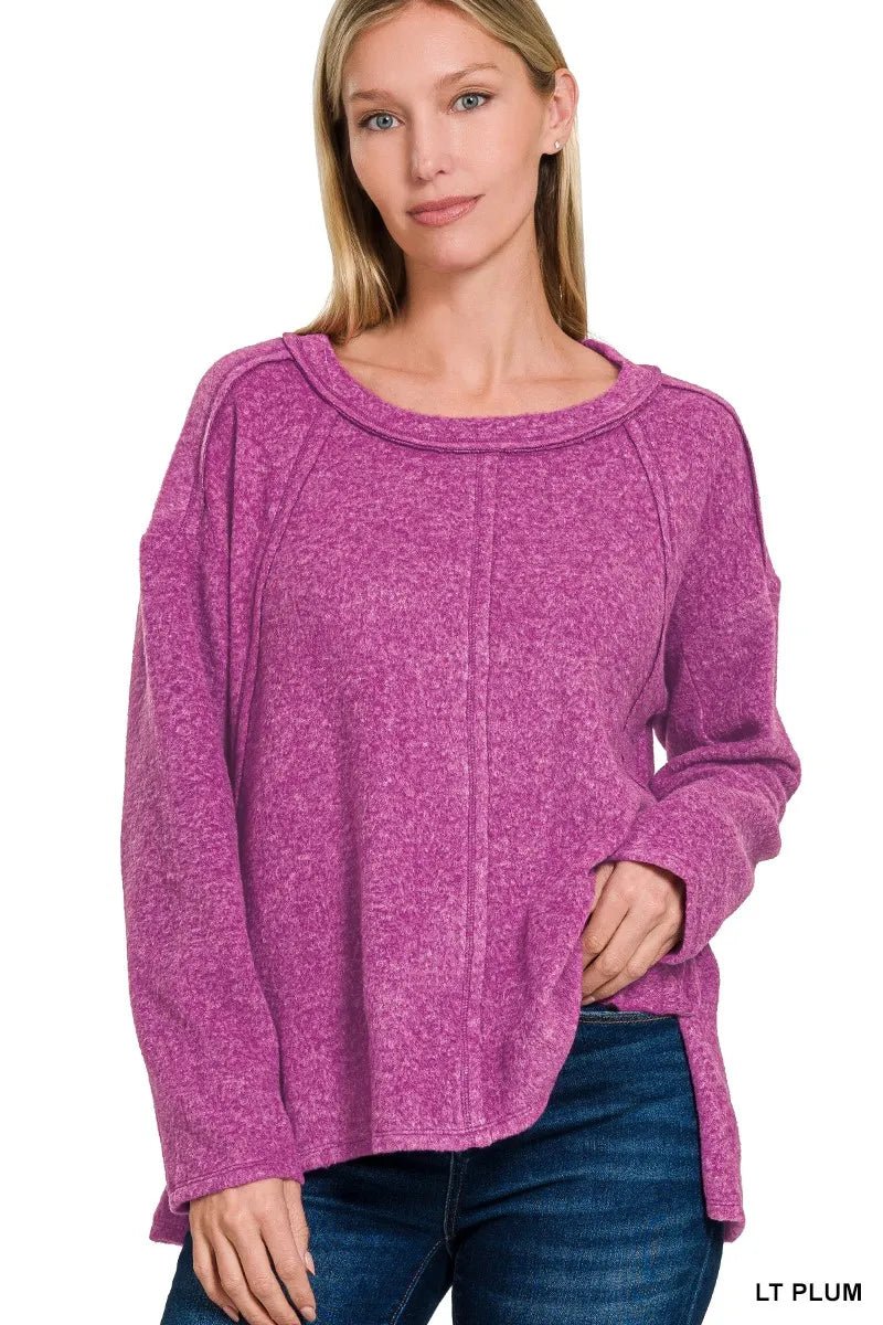 Zenana Brushed Hacci Exposed Seam Hi Low Sweater - Wear Arielle