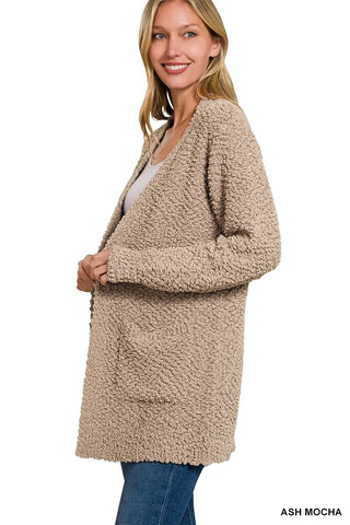 Zenana Long Sleeve Popcorn Sweater Cardigan with Pockets - Wear Arielle