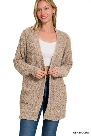 Zenana Long Sleeve Popcorn Sweater Cardigan with Pockets - Wear Arielle